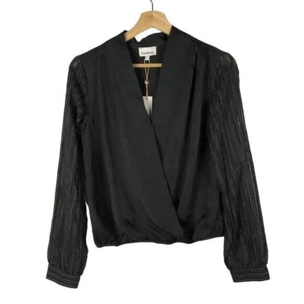 Heartloom Black Wrap Front Textured Long Sleeve Top XS